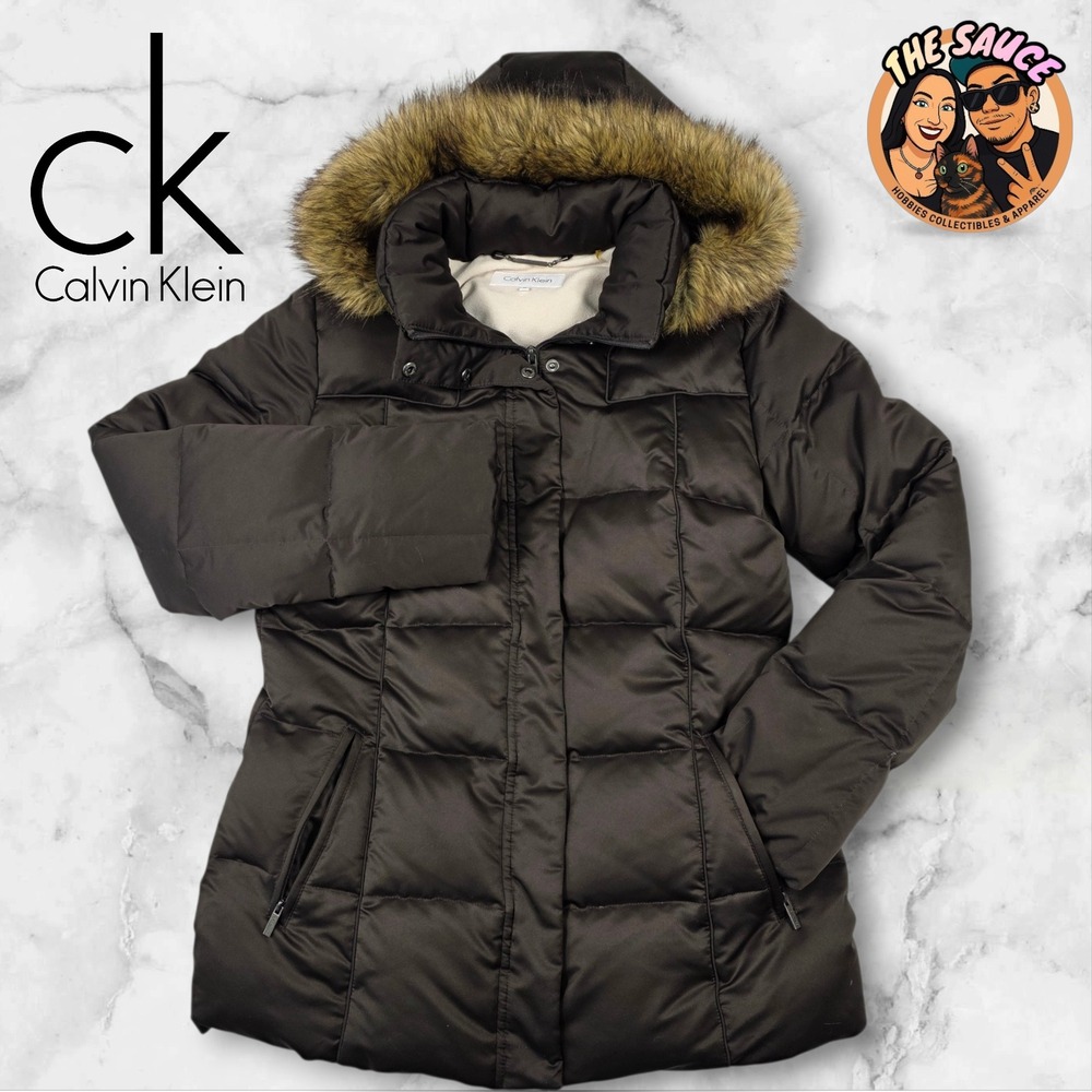 Calvin Klein Women M Down Puffer Coat Parka Faux Fur Hooded Winter Warm Brown